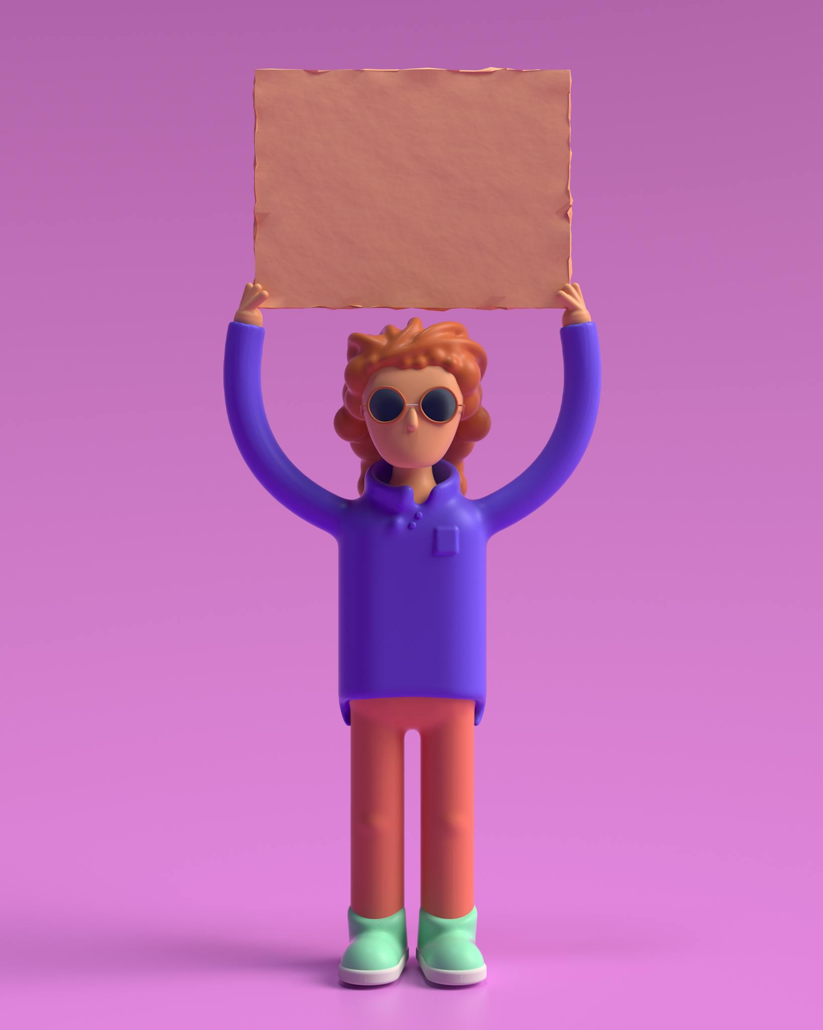 Colorful 3D character holding a blank cardboard sign on purple background. Fun and conceptual artwork.