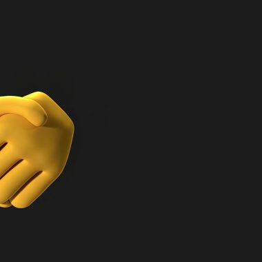 Modern 3D rendering of a yellow handshake emoji on a black background, symbolizing agreement.
